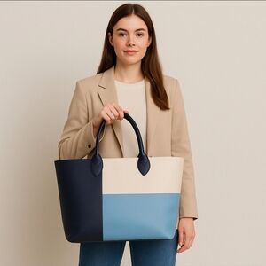 HOLT RENFREW Colorblock Faux Leather Tote Bag Navy Blue White Light Blue NEW
